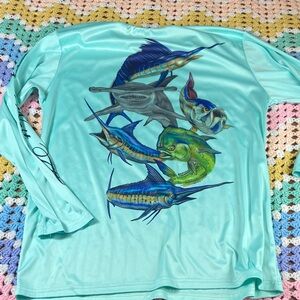 Spicy Tuna Sport Fishing Key West Florida Aqua Blue Satiny Long Sleeve Shirt XXL